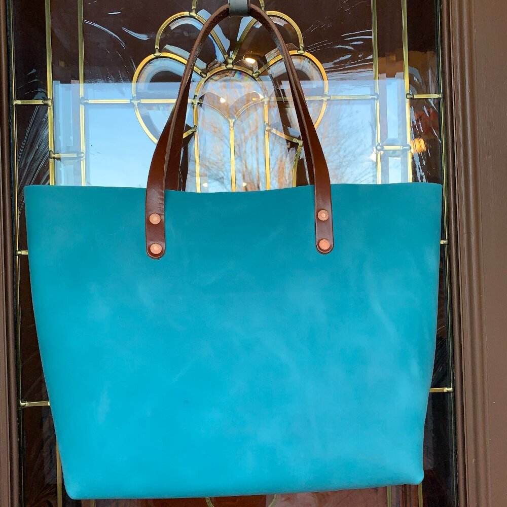 Turquoise Leather Tote with Brown Leather Handles by KMM & Co - Picture 6 of 14